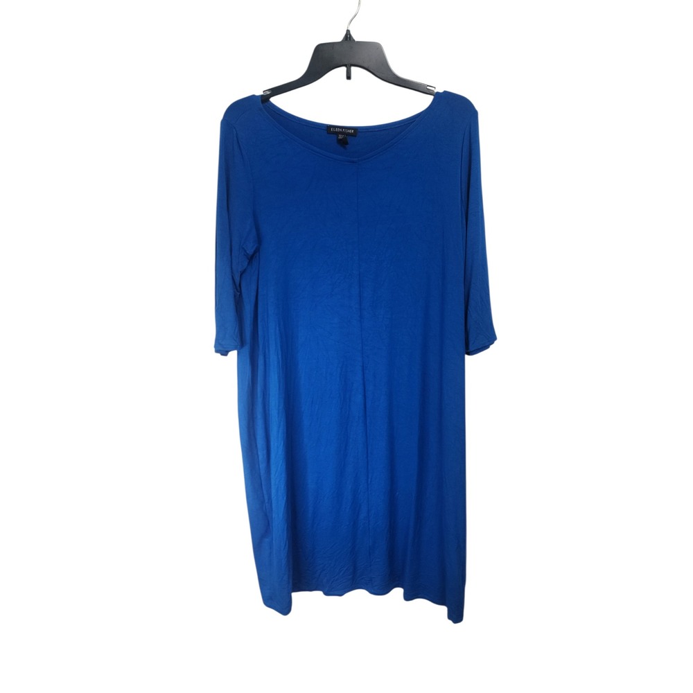 EILEEN FISHER Blue V-Neck 3/4 Sleeve Jersey Knit Dress Women's M